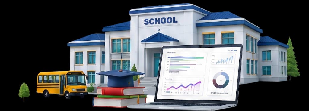 Illustration of a school building with a bus and financial growth chart